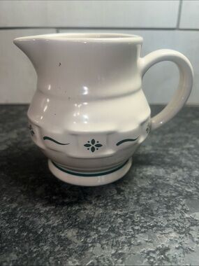 Longaberger White Ceramic Creamer Pitcher with Green Floral Band. Exc condition